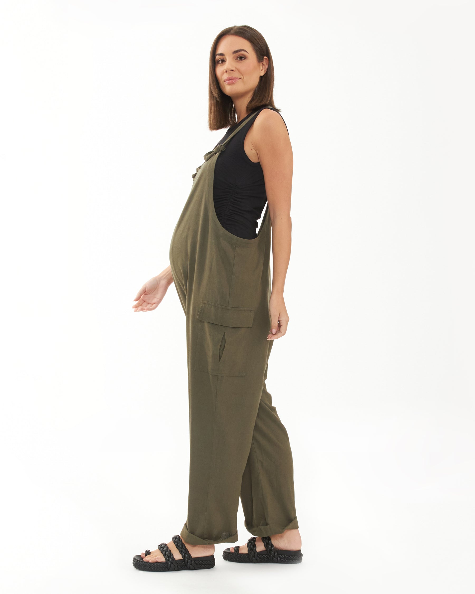 Cargo Pocket Linen Jumpsuit Olive