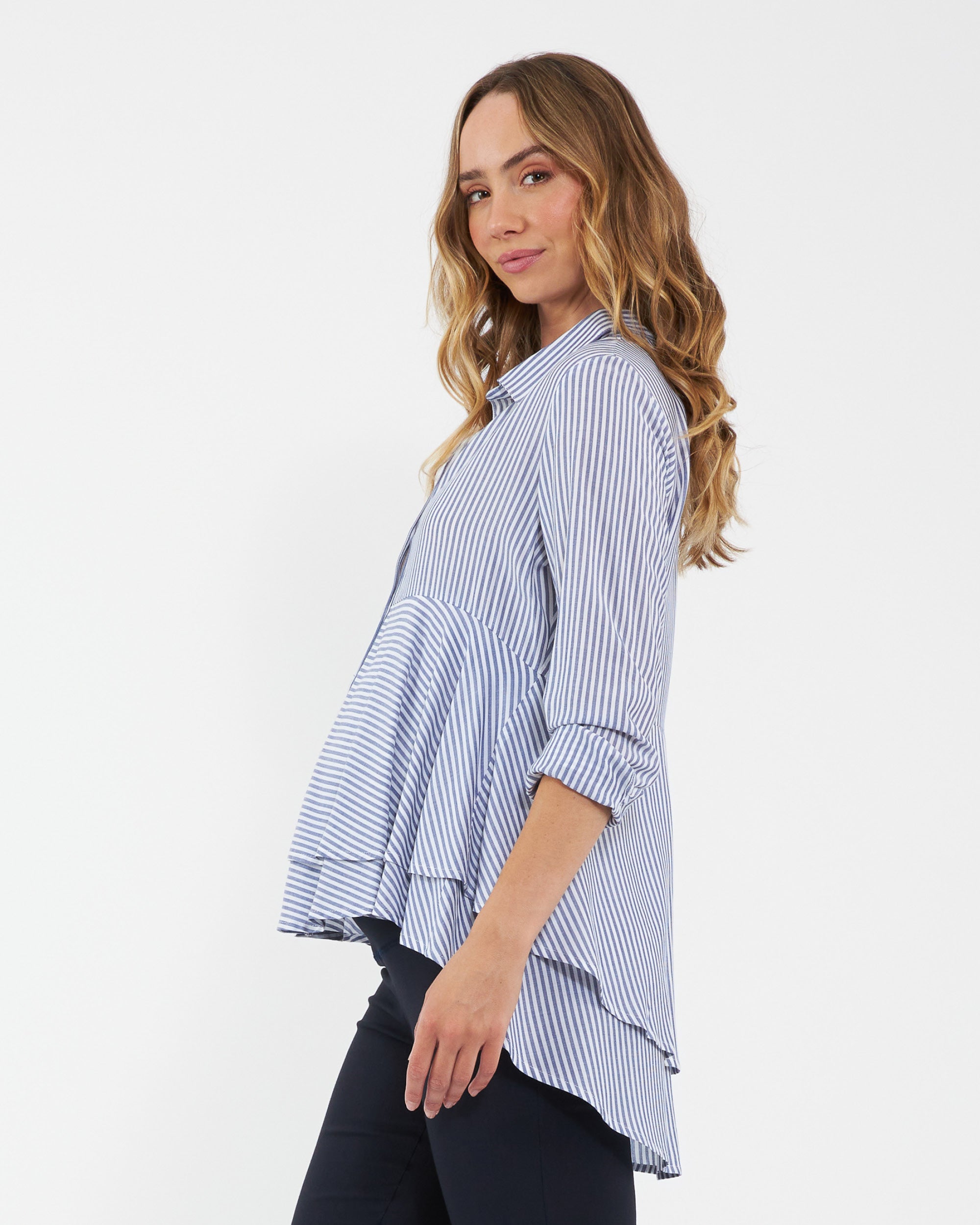 Ripe Maternity Stripe Layered Peplum Shirt Navy White S