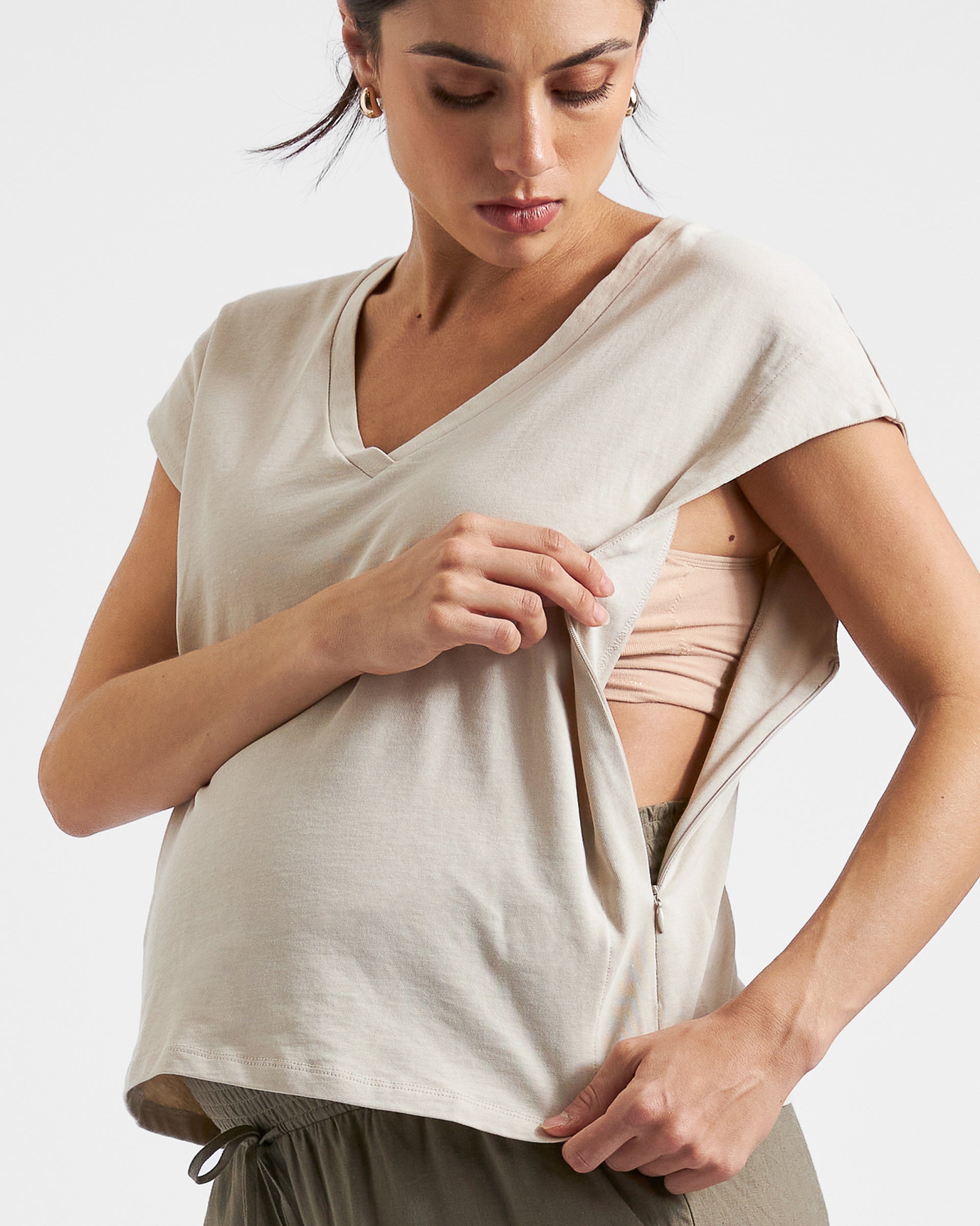 Marly Zip Nursing Tee Stone