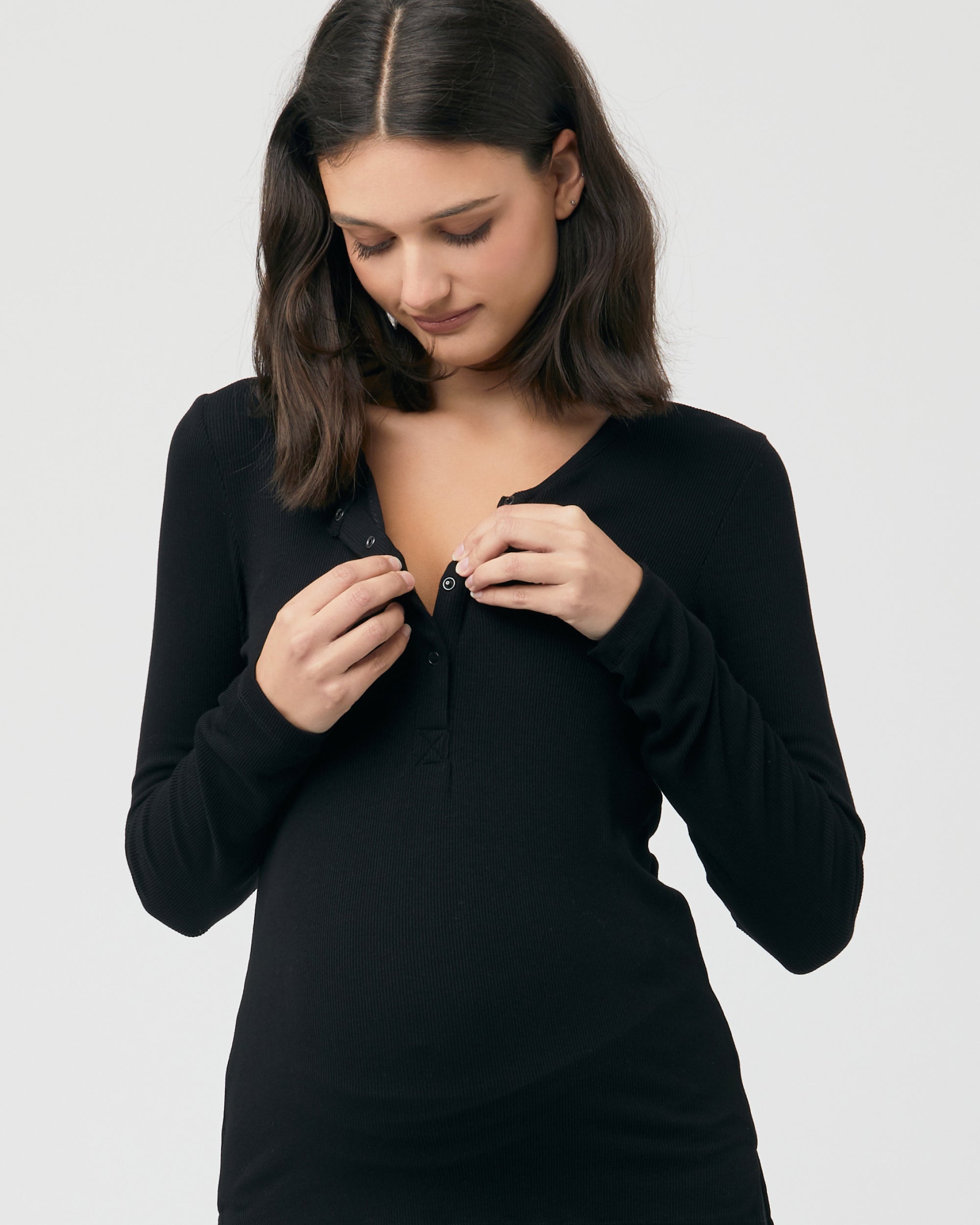 Rib Button Through Top Black