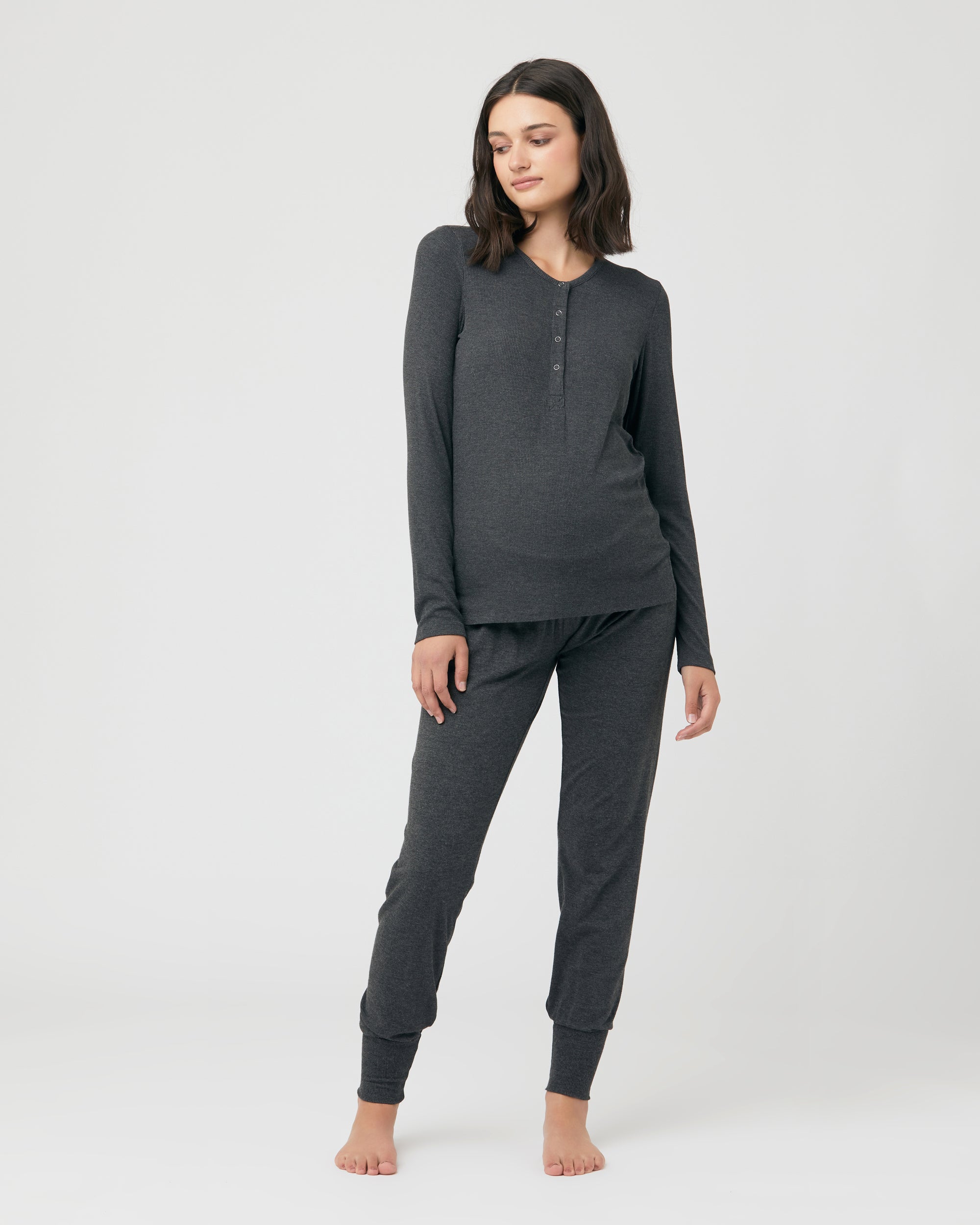 Rib Button Through Top Charcoal Marle