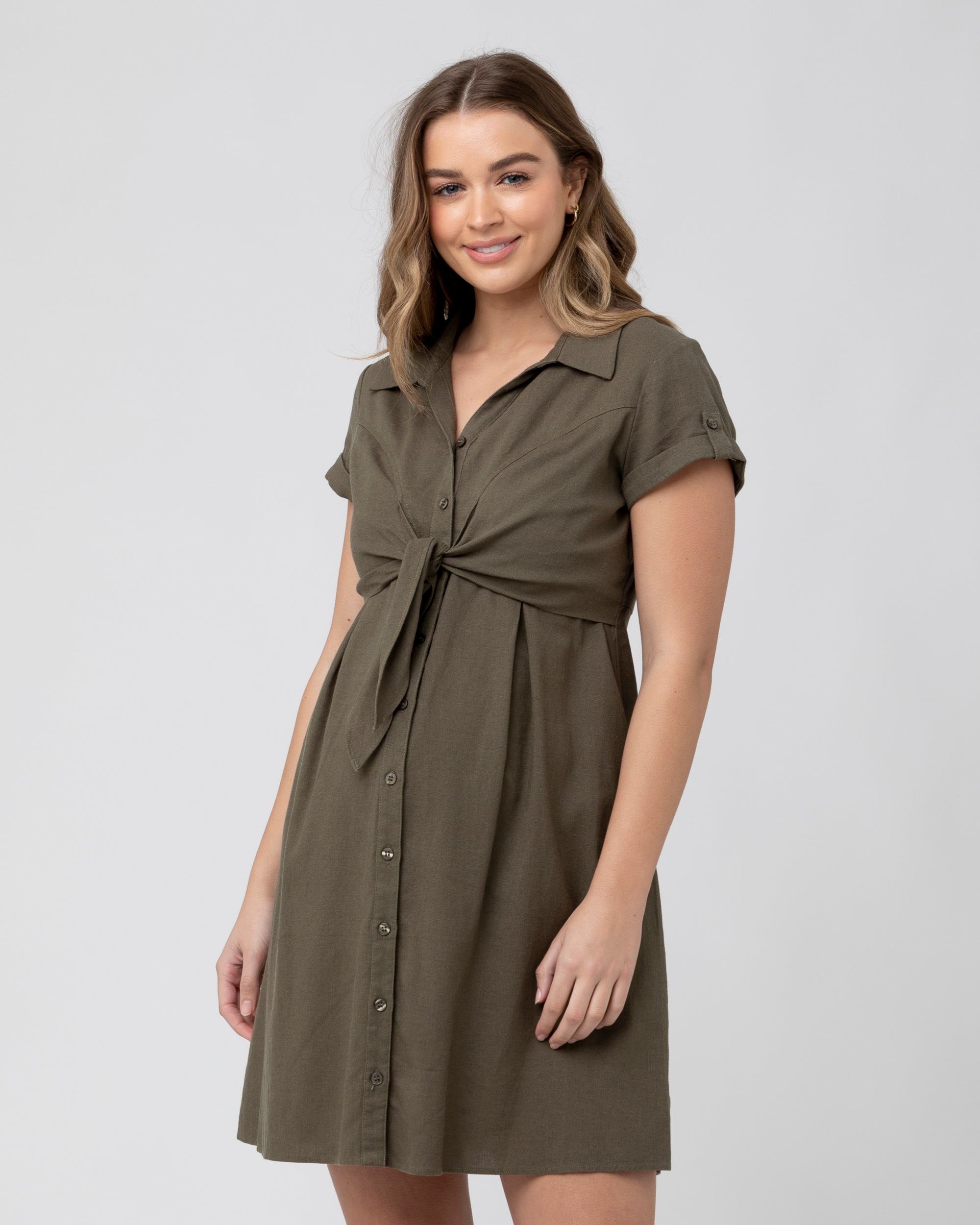 Colette Tie Up Linen Dress Olive