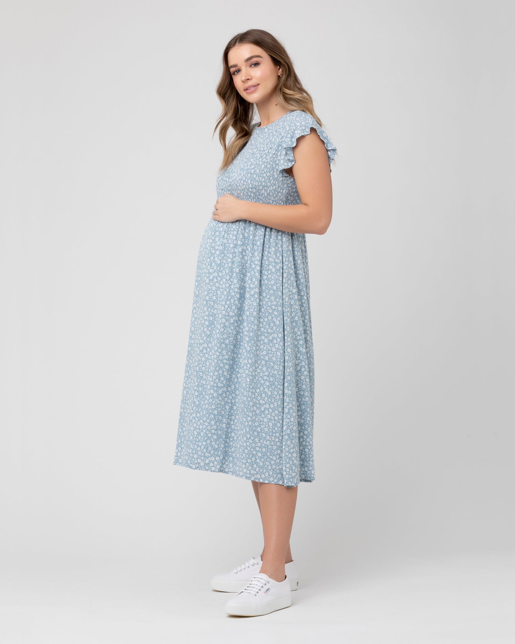 Ava Shirred Dress  Petrol / White