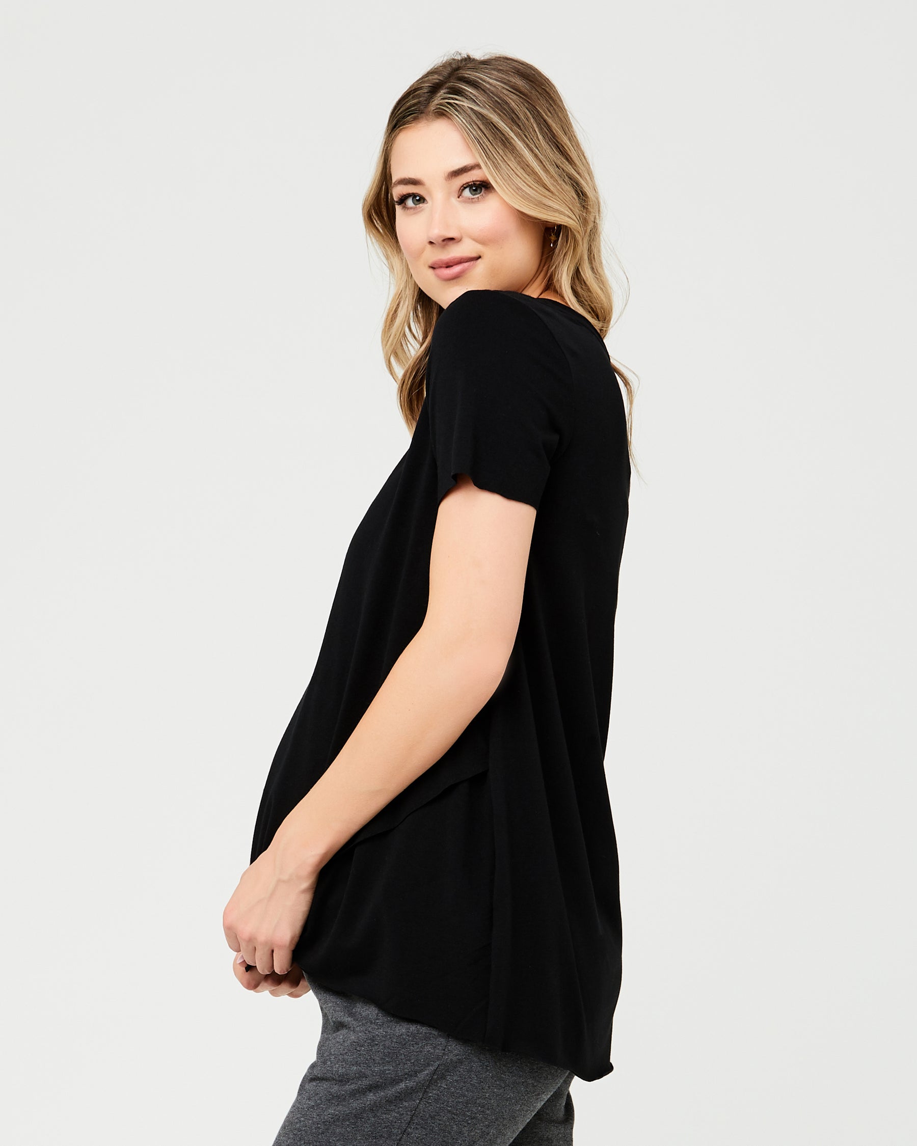Short Sleeve Raw Edge Nursing Top Black